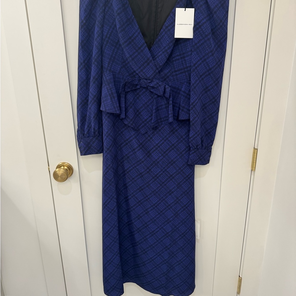 Alessandra Rich Navy Plaid Long Sleeve Midi Dress